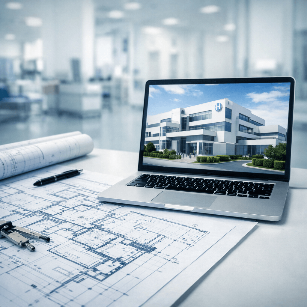 Planos arquitectónicos y render de edificio hospitalario en computadora