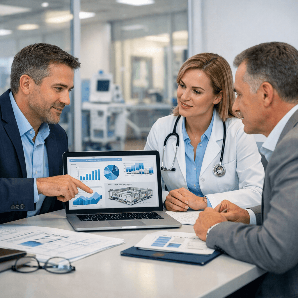 Profesionales de salud analizando datos y equipos médicos en reunión de consultoría